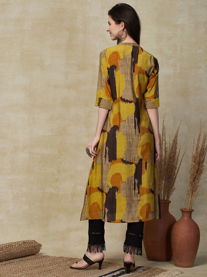 Abstract Geometric Foil Printed A-Line Kurta - Mustard