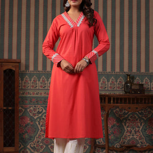 Solid Gota & Lace Embroidered A-Line Kurta with Lurex Palazzo - Peach