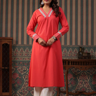 Solid Gota & Lace Embroidered A-Line Kurta with Lurex Palazzo - Peach