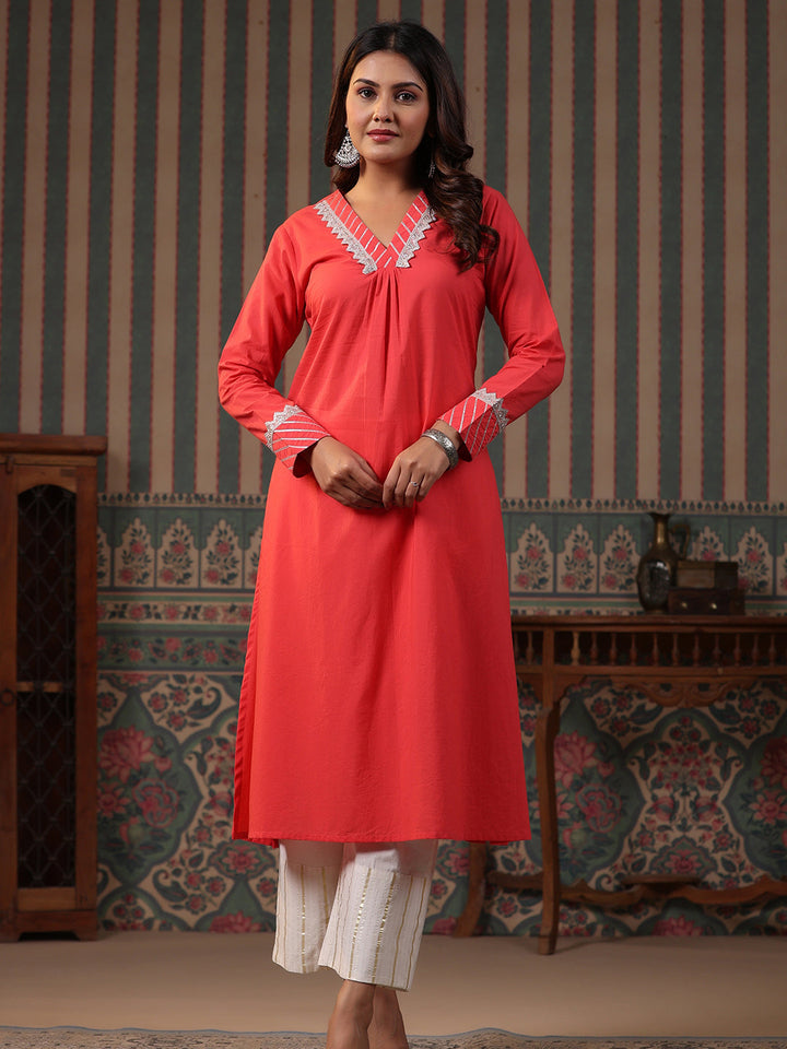 Solid Gota & Lace Embroidered A-Line Kurta with Lurex Palazzo - Peach