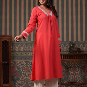 Solid Gota & Lace Embroidered A-Line Kurta with Lurex Palazzo - Peach
