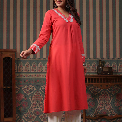 Solid Gota & Lace Embroidered A-Line Kurta with Lurex Palazzo - Peach