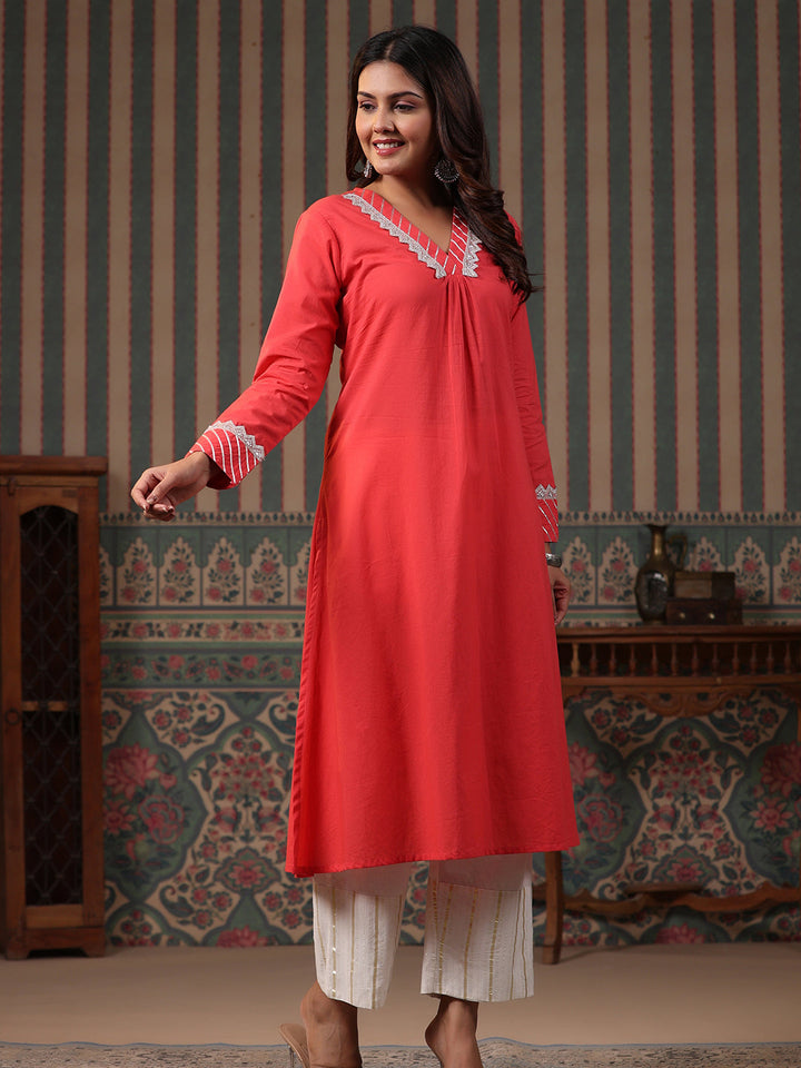 Solid Gota & Lace Embroidered A-Line Kurta with Lurex Palazzo - Peach