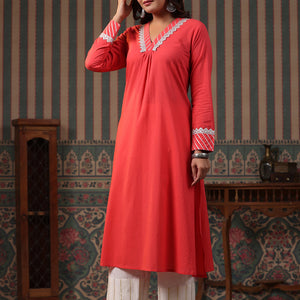 Solid Gota & Lace Embroidered A-Line Kurta with Lurex Palazzo - Peach