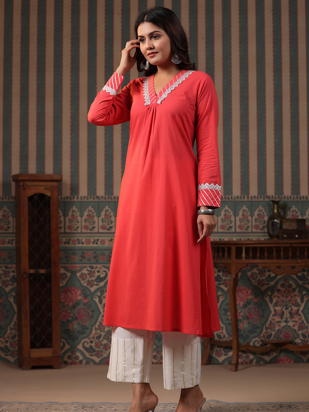 Solid Gota & Lace Embroidered A-Line Kurta with Lurex Palazzo - Peach