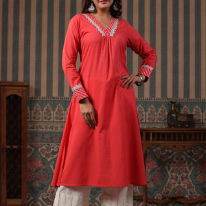 Solid Gota & Lace Embroidered A-Line Kurta with Lurex Palazzo - Peach