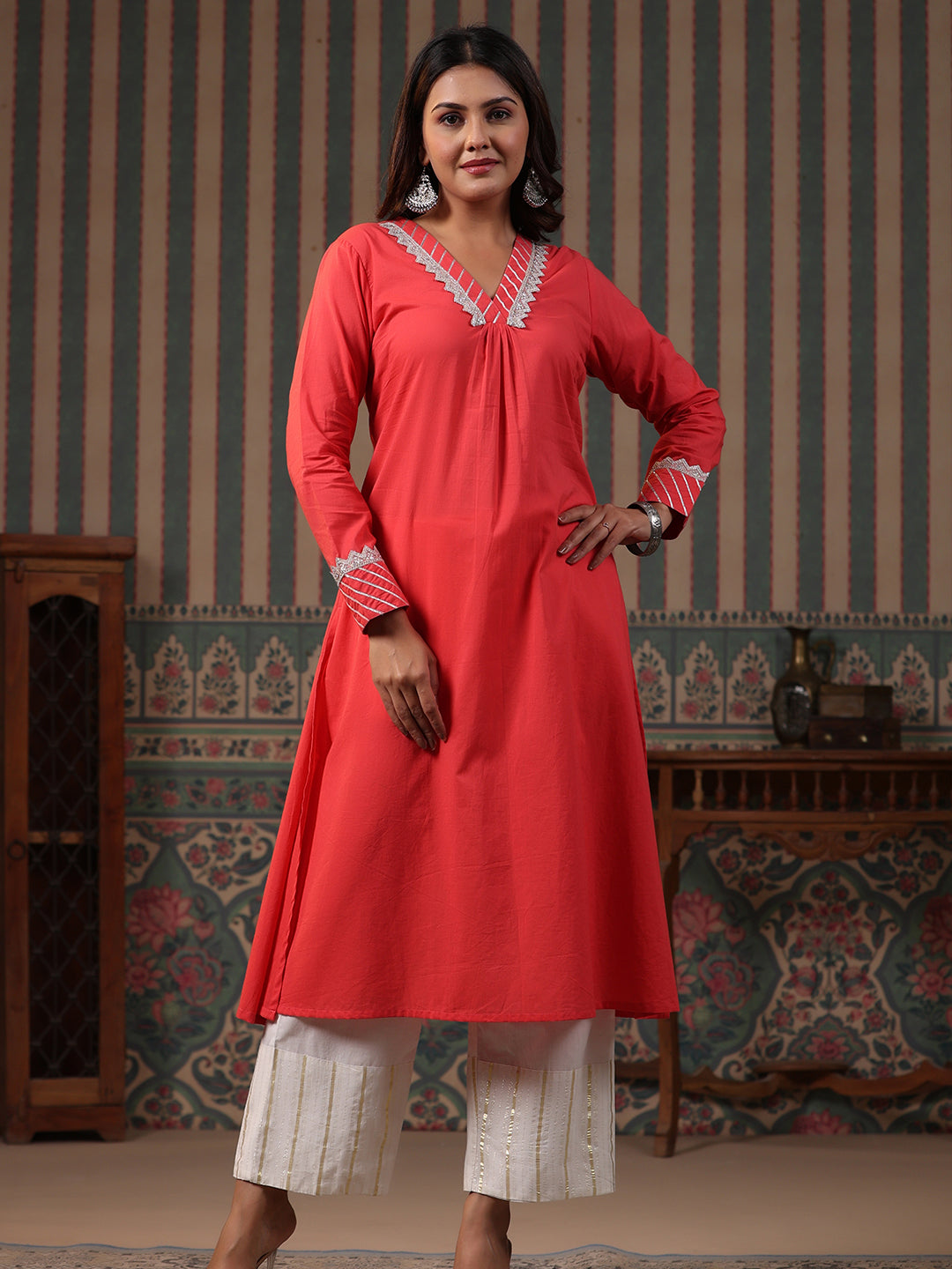 Solid Gota & Lace Embroidered A-Line Kurta with Lurex Palazzo - Peach