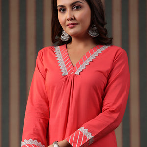 Solid Gota & Lace Embroidered A-Line Kurta with Lurex Palazzo - Peach