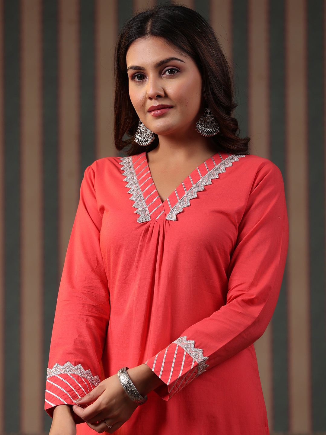 Solid Gota & Lace Embroidered A-Line Kurta with Lurex Palazzo - Peach