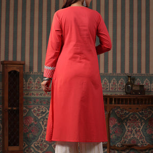 Solid Gota & Lace Embroidered A-Line Kurta with Lurex Palazzo - Peach