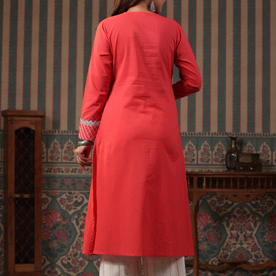 Solid Gota & Lace Embroidered A-Line Kurta with Lurex Palazzo - Peach