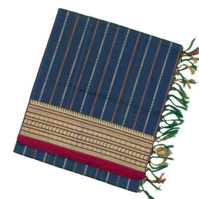 Blue Handloom Silk Cotton Saree With Stripes & Zari Border