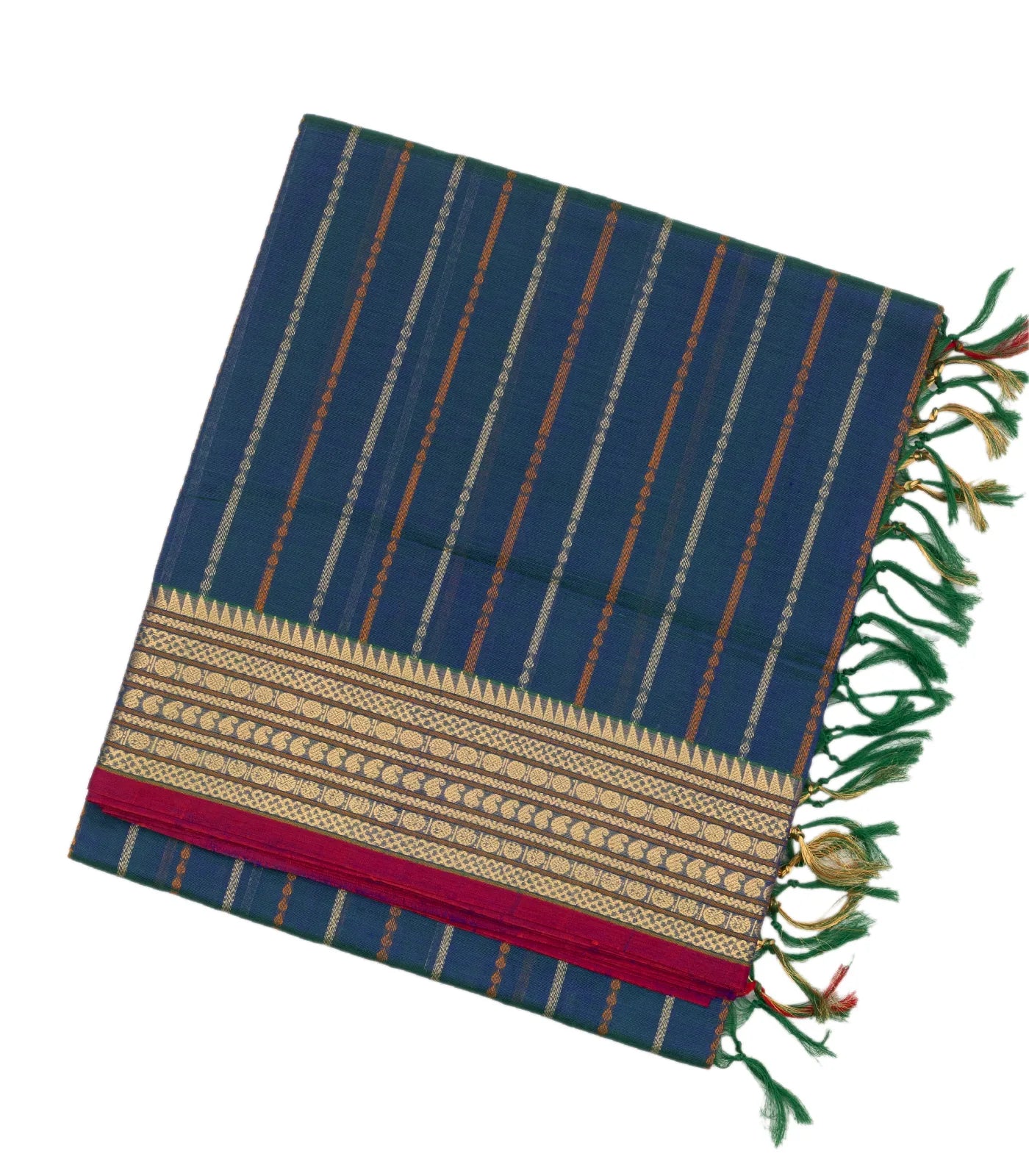Blue Handloom Silk Cotton Saree With Stripes & Zari Border