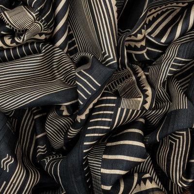 Black Handloom Tussar Silk Saree Printed With Stripe Motifs & Zari Border