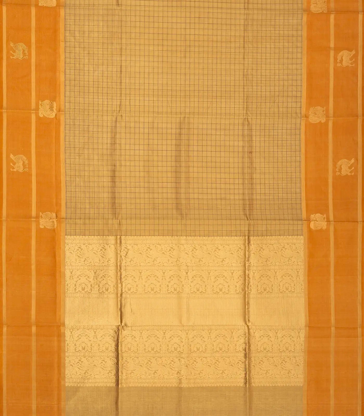 Sandal Handloom Silk Cotton Saree With Checks & Contrast Border