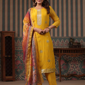 Ethnic Woven Jacquard Straight Kurta with Pant & Printed Dupatta - Yellow