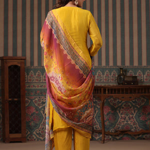 Ethnic Woven Jacquard Straight Kurta with Pant & Printed Dupatta - Yellow