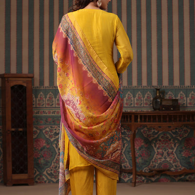 Ethnic Woven Jacquard Straight Kurta with Pant & Printed Dupatta - Yellow