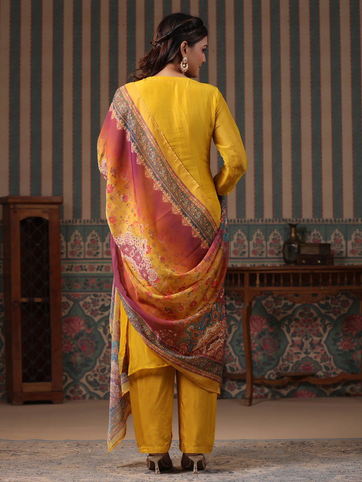 Ethnic Woven Jacquard Straight Kurta with Pant & Printed Dupatta - Yellow