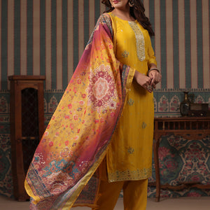 Ethnic Woven Jacquard Straight Kurta with Pant & Printed Dupatta - Yellow