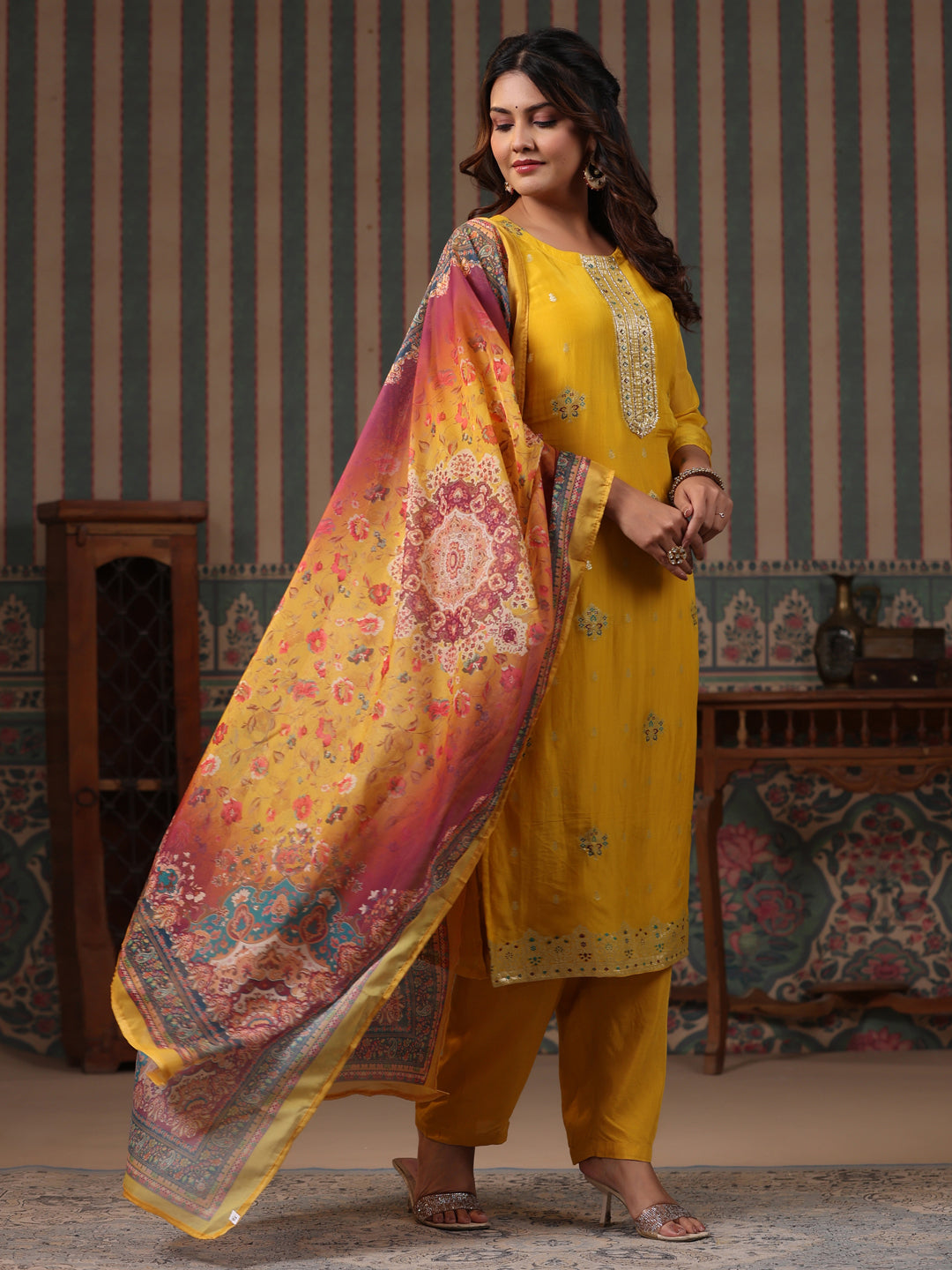 Ethnic Woven Jacquard Straight Kurta with Pant & Printed Dupatta - Yellow