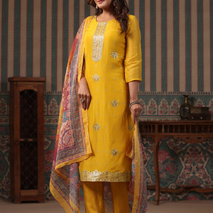 Ethnic Woven Jacquard Straight Kurta with Pant & Printed Dupatta - Yellow