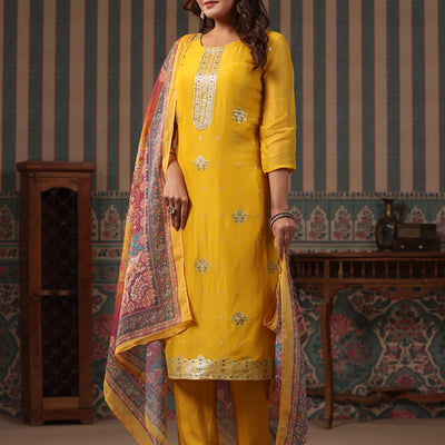 Ethnic Woven Jacquard Straight Kurta with Pant & Printed Dupatta - Yellow