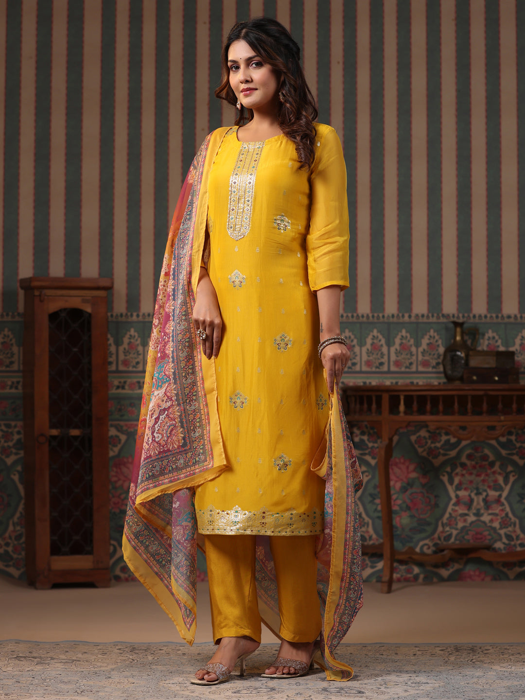 Ethnic Woven Jacquard Straight Kurta with Pant & Printed Dupatta - Yellow