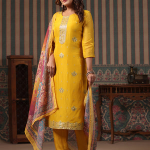 Ethnic Woven Jacquard Straight Kurta with Pant & Printed Dupatta - Yellow