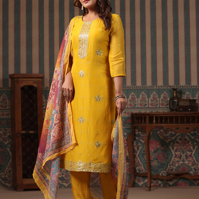 Ethnic Woven Jacquard Straight Kurta with Pant & Printed Dupatta - Yellow