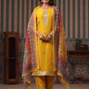 Ethnic Woven Jacquard Straight Kurta with Pant & Printed Dupatta - Yellow