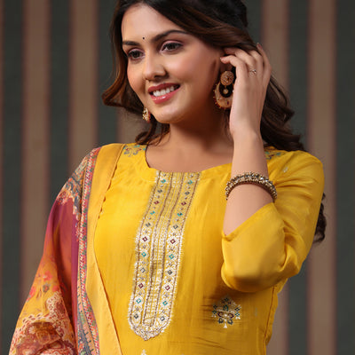 Ethnic Woven Jacquard Straight Kurta with Pant & Printed Dupatta - Yellow