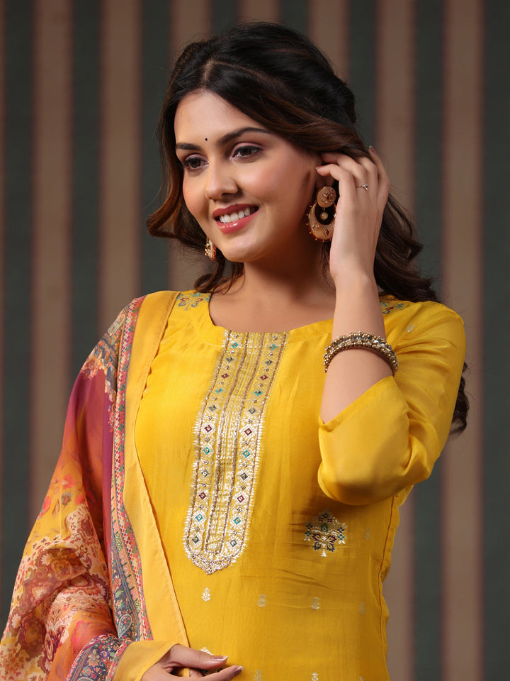 Ethnic Woven Jacquard Straight Kurta with Pant & Printed Dupatta - Yellow