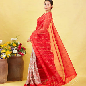 Red Handloom Tussar Silk Saree With Partly Printed Motifs