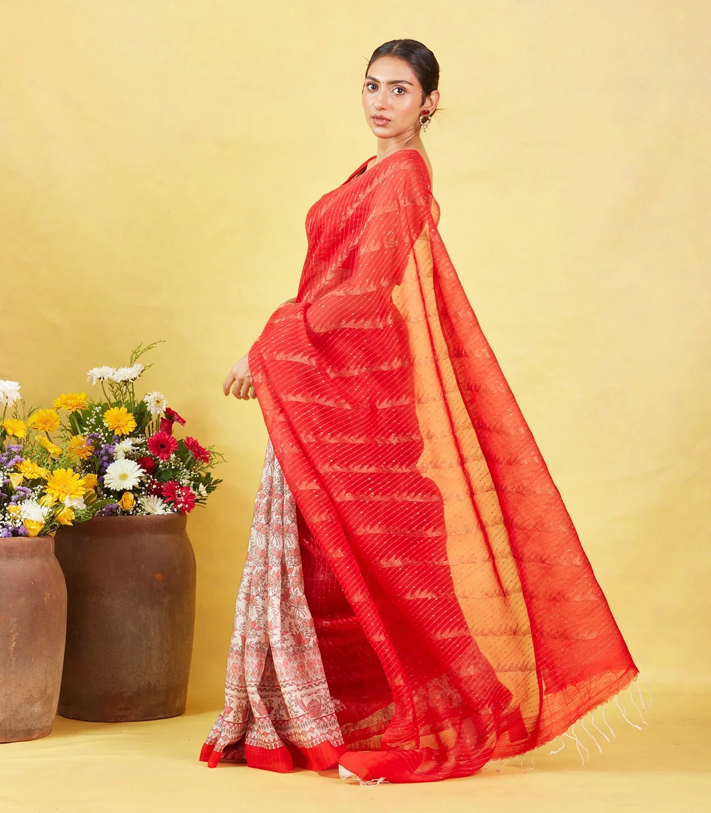 Red Handloom Tussar Silk Saree With Partly Printed Motifs