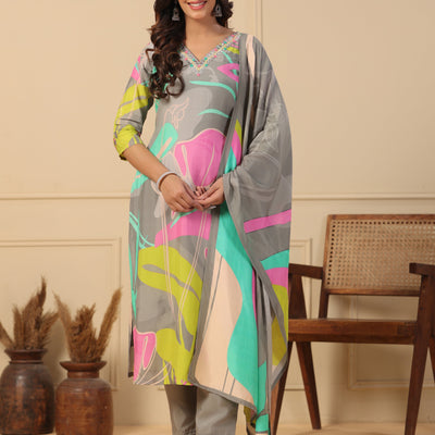Abstract Floral Printed Straight Kurta with Pant & Printed Dupatta - Grey