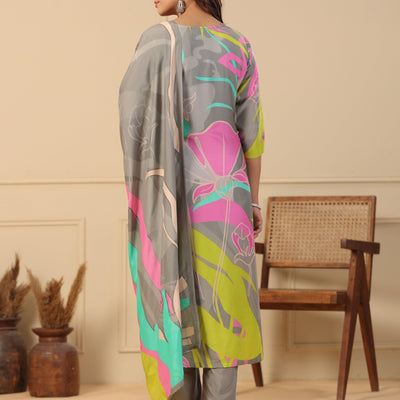 Abstract Floral Printed Straight Kurta with Pant & Printed Dupatta - Grey
