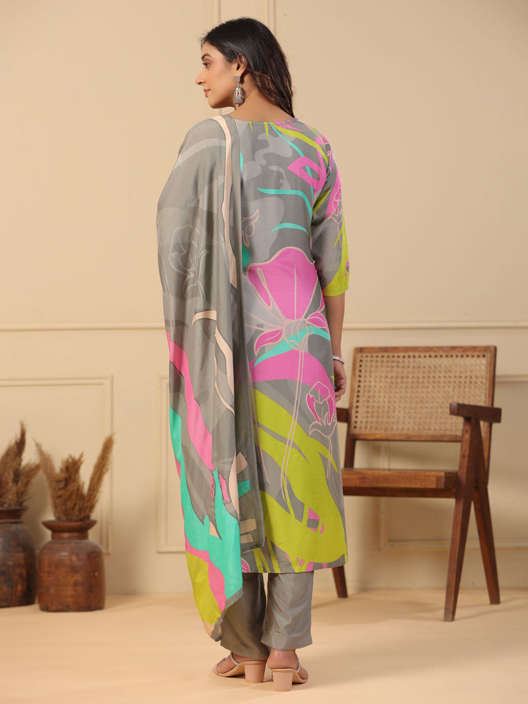 Abstract Floral Printed Straight Kurta with Pant & Printed Dupatta - Grey