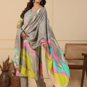 Abstract Floral Printed Straight Kurta with Pant & Printed Dupatta - Grey
