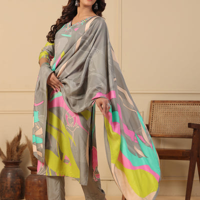 Abstract Floral Printed Straight Kurta with Pant & Printed Dupatta - Grey