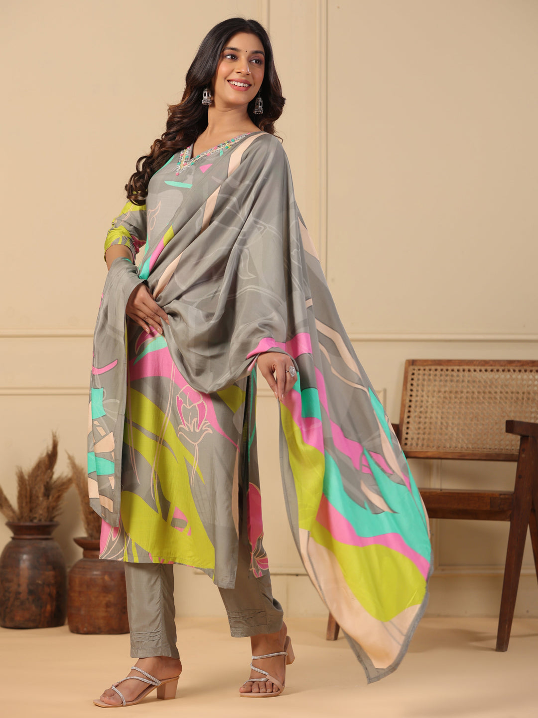 Abstract Floral Printed Straight Kurta with Pant & Printed Dupatta - Grey