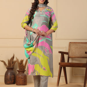 Abstract Floral Printed Straight Kurta with Pant & Printed Dupatta - Grey