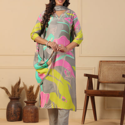 Abstract Floral Printed Straight Kurta with Pant & Printed Dupatta - Grey