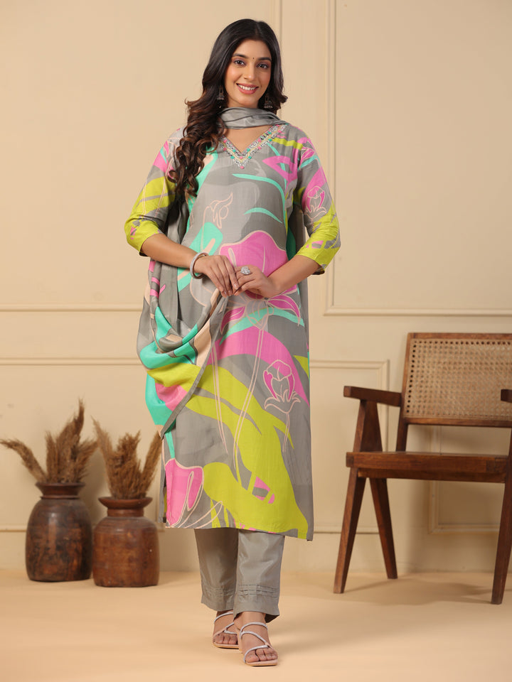 Abstract Floral Printed Straight Kurta with Pant & Printed Dupatta - Grey