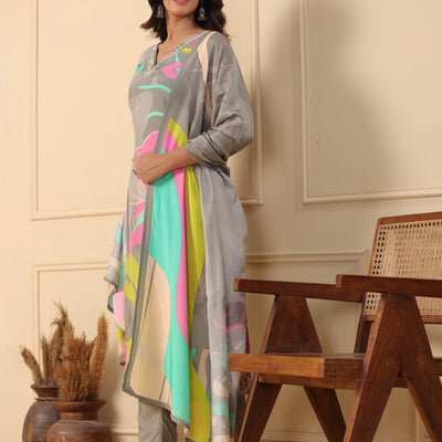 Abstract Floral Printed Straight Kurta with Pant & Printed Dupatta - Grey