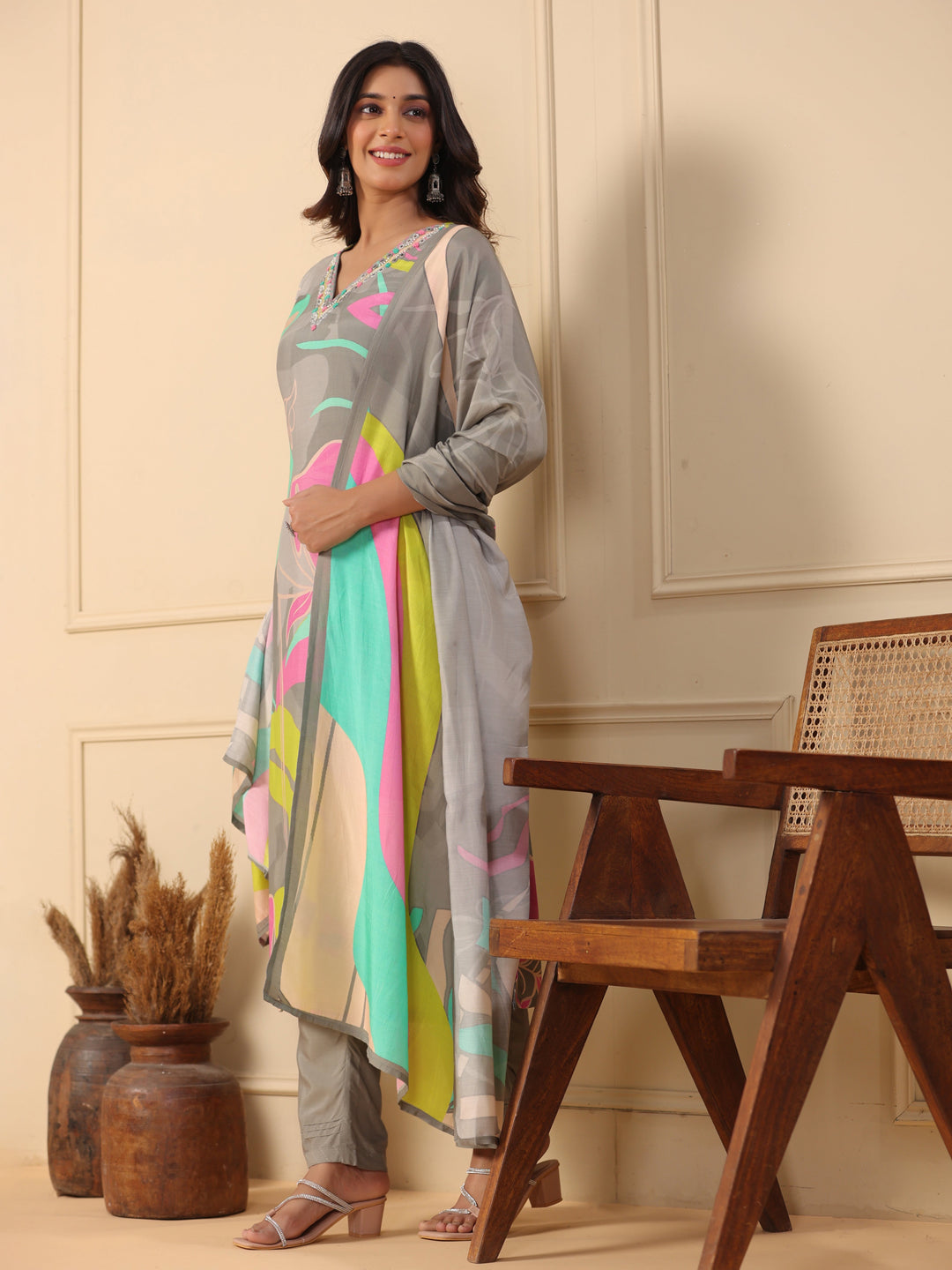 Abstract Floral Printed Straight Kurta with Pant & Printed Dupatta - Grey