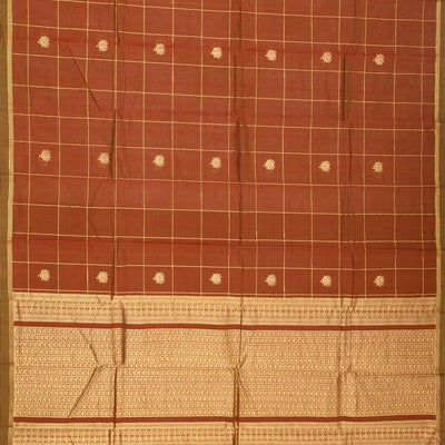 Brown Handloom Kanchi Cotton Saree With Checks & Lotus Buttas