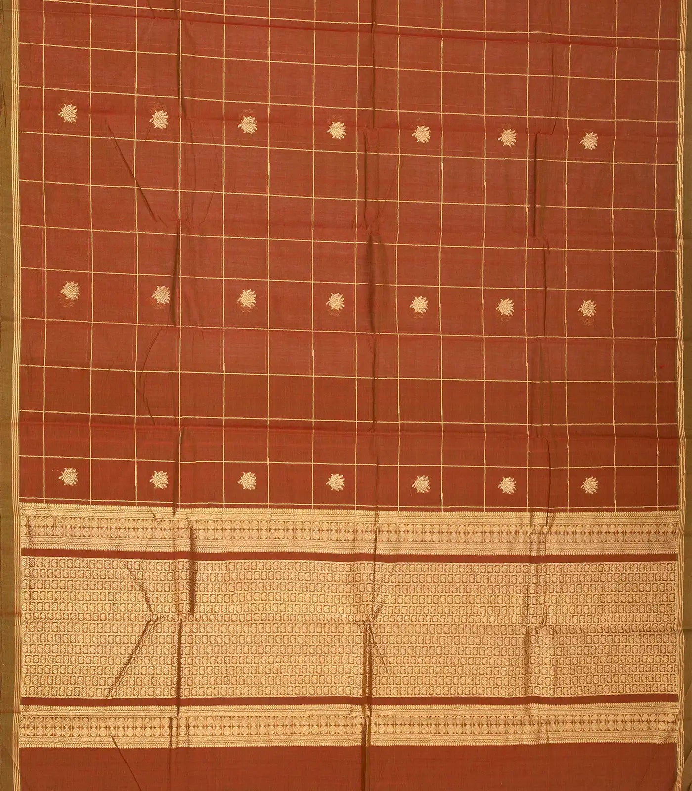 Brown Handloom Kanchi Cotton Saree With Checks & Lotus Buttas