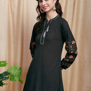 Solid Resham Embroidered A-line Kurti - Black