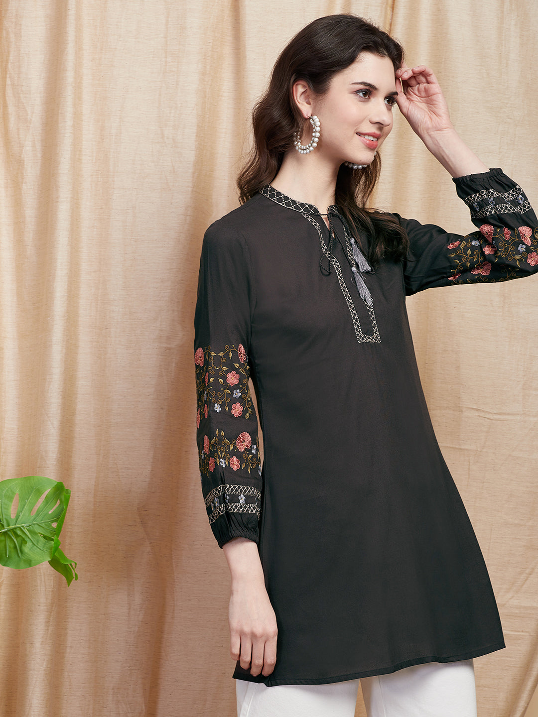 Solid Resham Embroidered A-line Kurti - Black